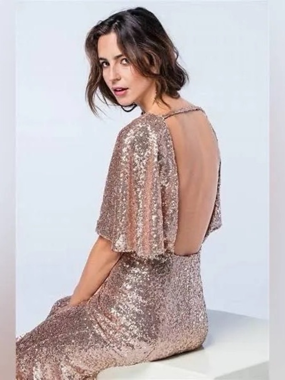 Watters&Watters Sequin Open-Back Evening Dress in Rose Gold size 6